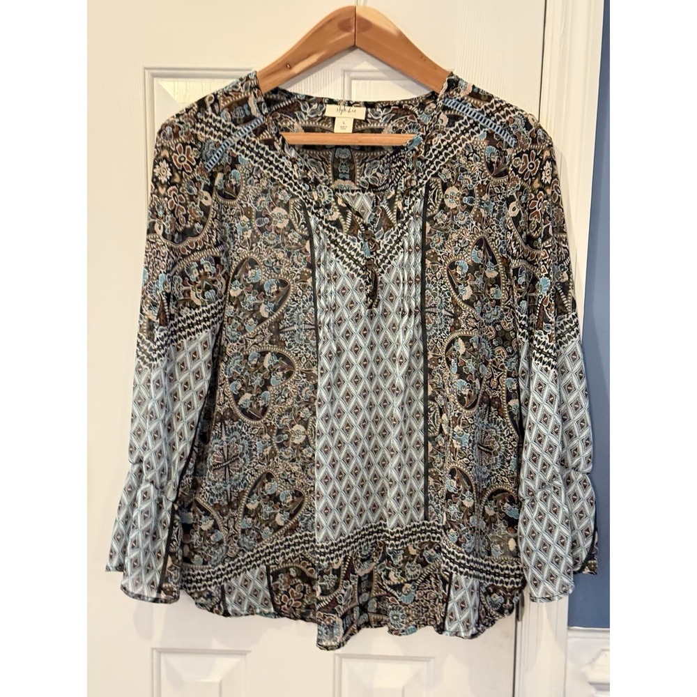 Style & Co Women's Blue Brown Floral Geometric Split Neck  Blouse L Boho Retro